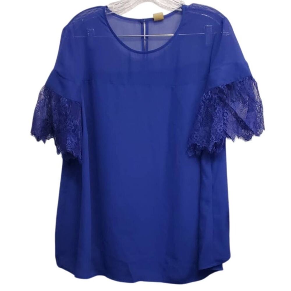 Worthington Women's Sheer & Lace Sleeves Cobalt Blue Flowy Blouse Size 1X